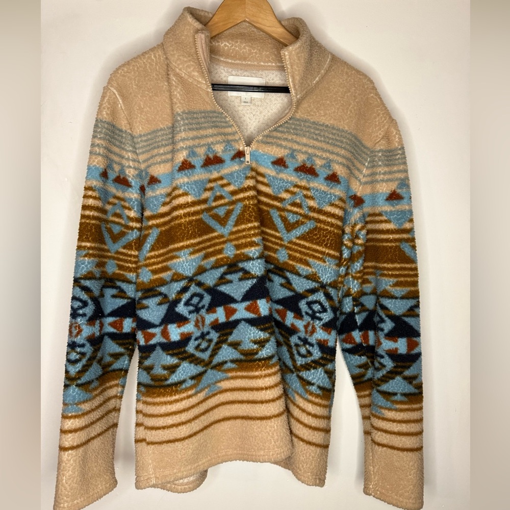 Sun + Stone Men's Western Aztec Quarter-Zip  in Beige, Blue & Brown
